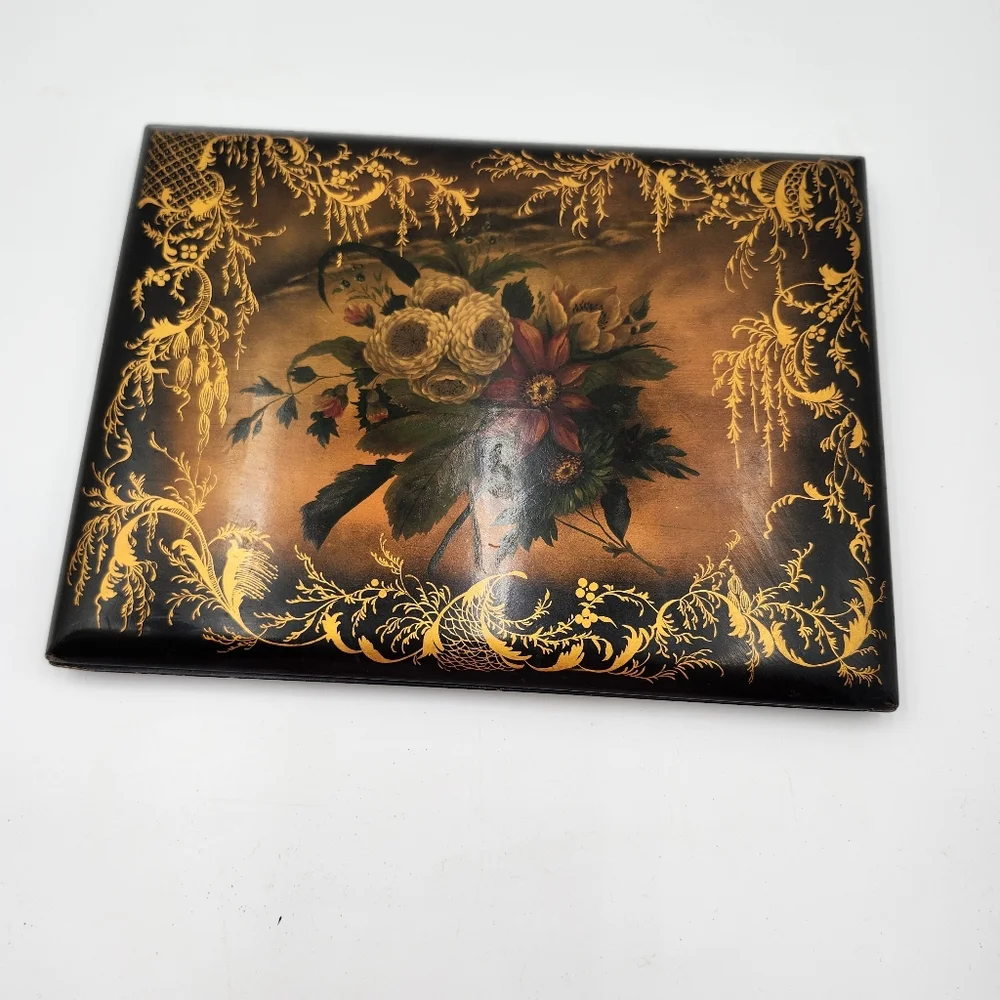 Antique ART Victorian Edwardian lacquer PAPIER MACHE BOOK COVER FLOWERS